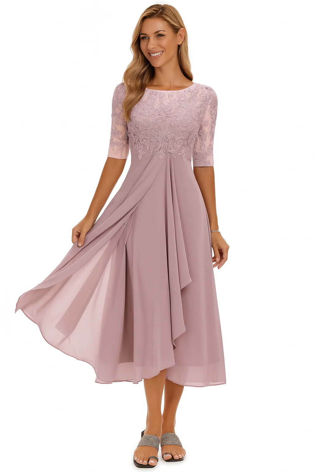 Women’s Round Neck Midi Dress with Lace Bodice and Half Sleeves