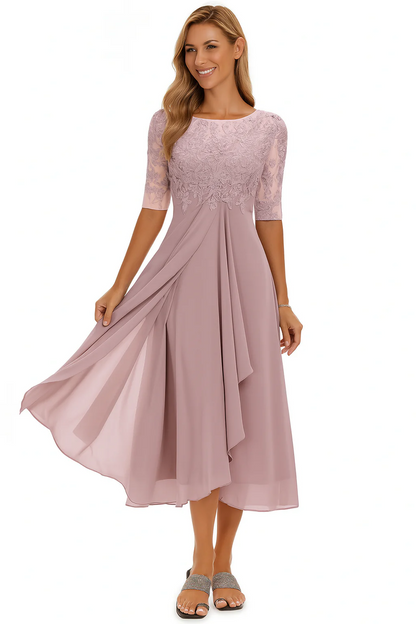 Women’s Round Neck Midi Dress with Lace Bodice and Half Sleeves