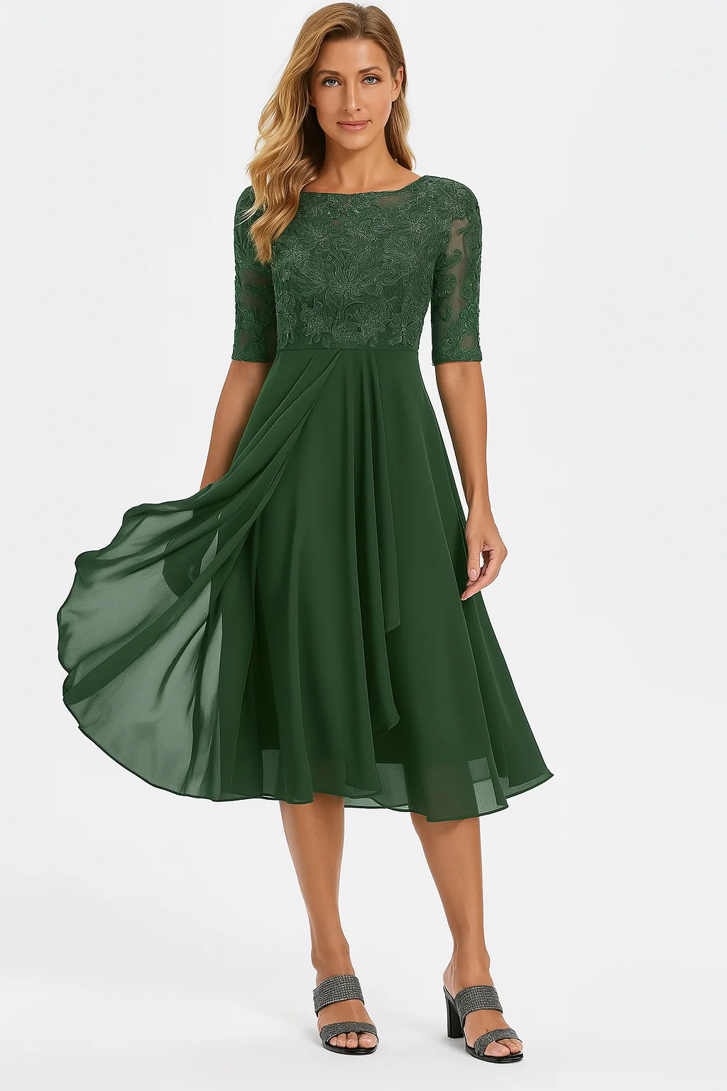 Women’s Round Neck Midi Dress with Lace Bodice and Half Sleeves
