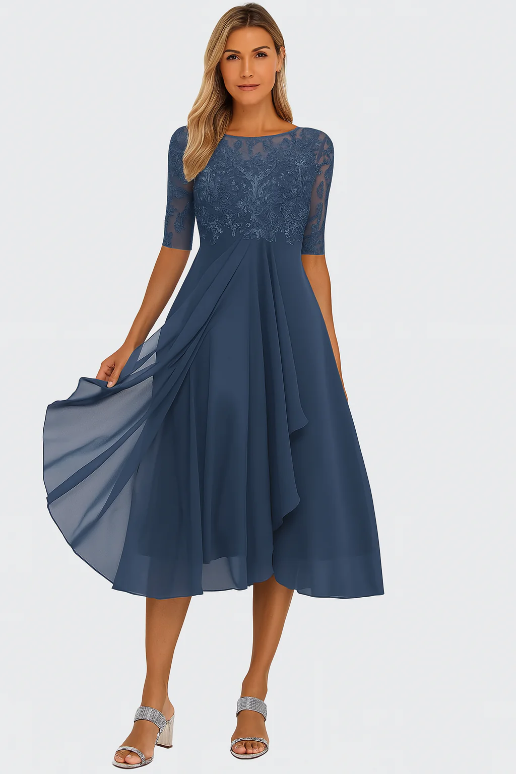 Women’s Round Neck Midi Dress with Lace Bodice and Half Sleeves