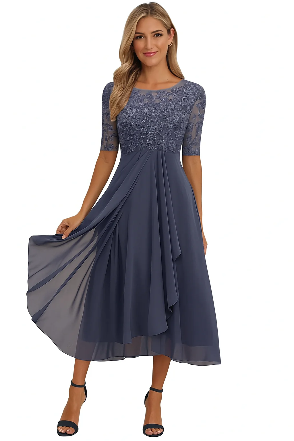 Women’s Round Neck Midi Dress with Lace Bodice and Half Sleeves