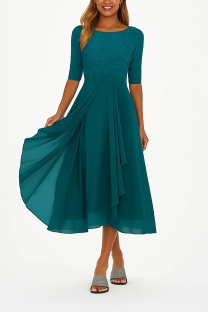 Women’s Round Neck Midi Dress with Lace Bodice and Half Sleeves