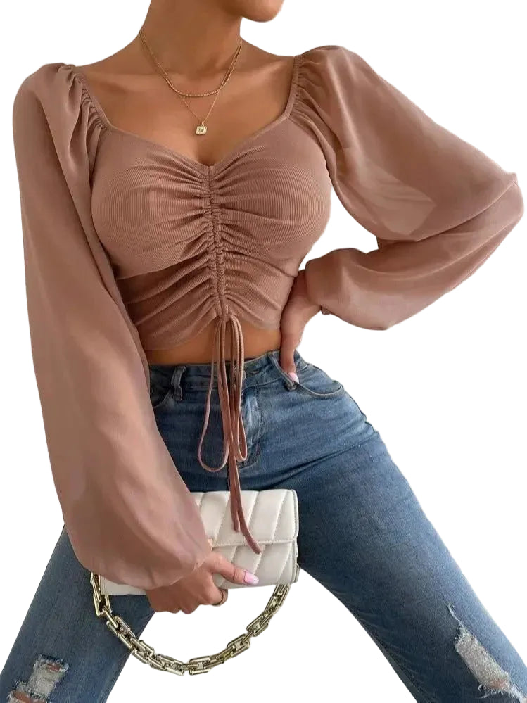 Women’s Ruched Crop Top with Sheer Long Sleeves and Drawstring Front