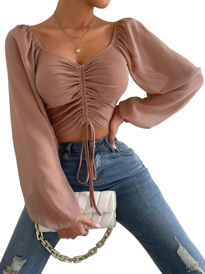Women’s Ruched Crop Top with Sheer Long Sleeves and Drawstring Front