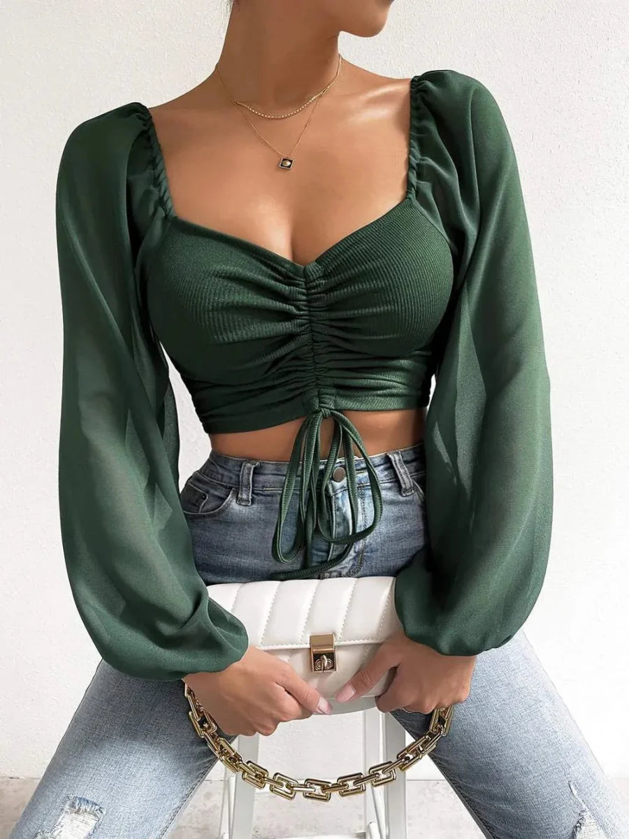 Women’s Ruched Crop Top with Sheer Long Sleeves and Drawstring Front