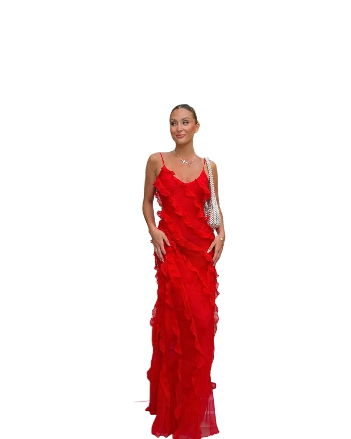 Women’s Ruffle Trim Maxi Dress with V-Neck and Spaghetti Straps