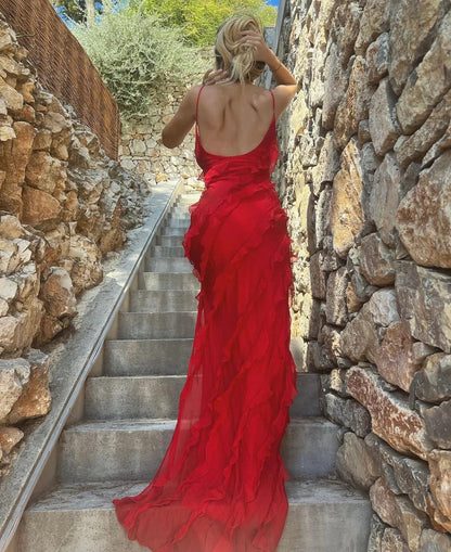 Women’s Ruffle Trim Maxi Dress with V-Neck and Spaghetti Straps
