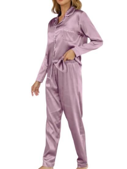 Women’s Satin Pajama Set with Button-Front Long Sleeve Top and Pants