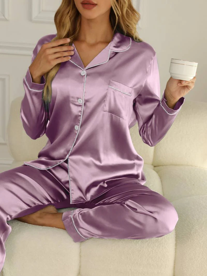 Women’s Satin Pajama Set with Button-Front Long Sleeve Top and Pants