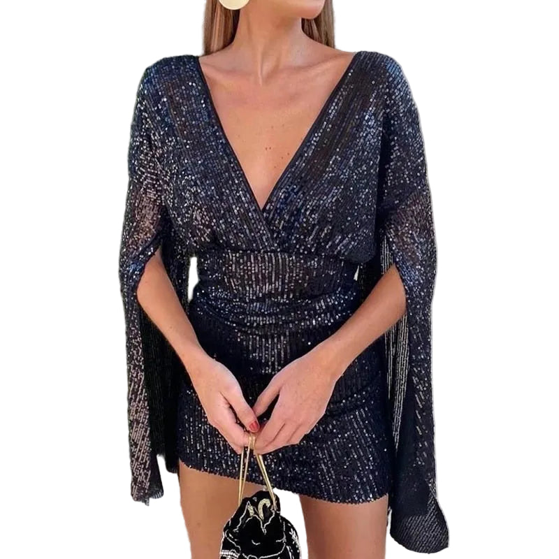 Women’s Sequin Mini Dress with V-Neck and Cape Sleeves