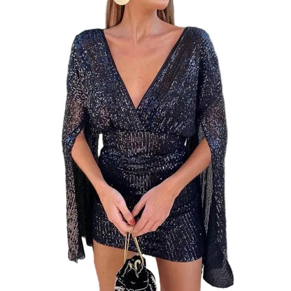 Women’s Sequin Mini Dress with V-Neck and Cape Sleeves