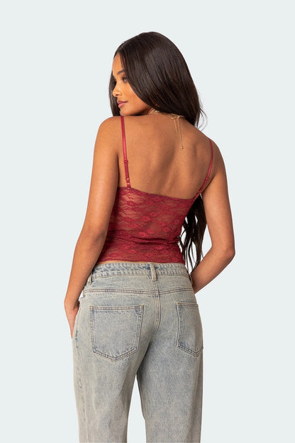 Women’s Sheer Lace Camisole Top with Adjustable Spaghetti Straps
