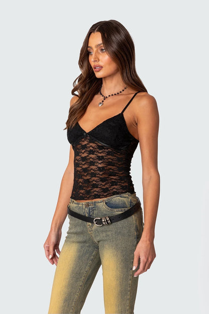 Women’s Sheer Lace Camisole Top with Adjustable Spaghetti Straps