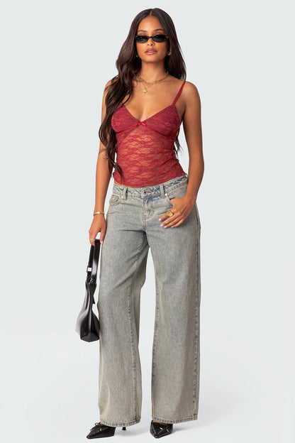 Women’s Sheer Lace Camisole Top with Adjustable Spaghetti Straps