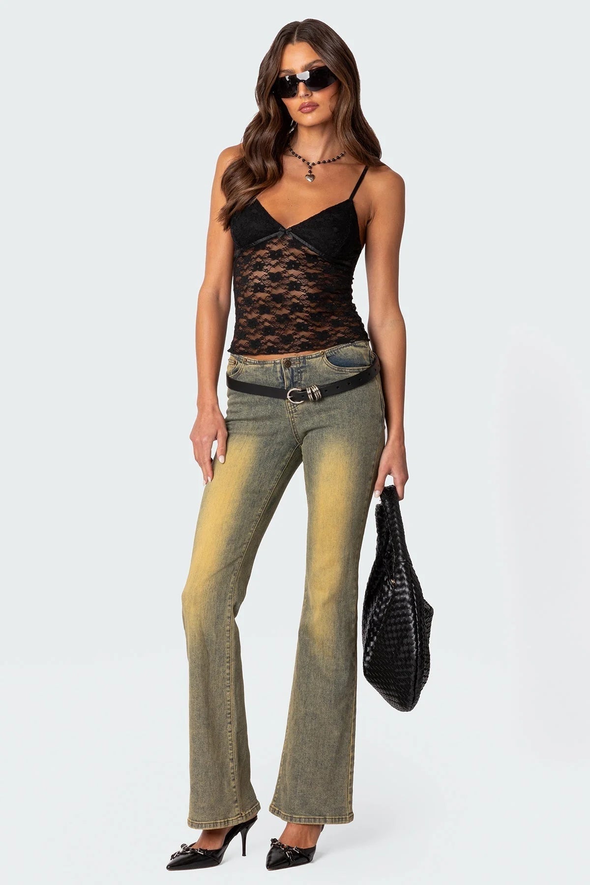 Women’s Sheer Lace Camisole Top with Adjustable Spaghetti Straps