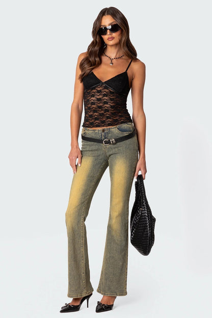 Women’s Sheer Lace Camisole Top with Adjustable Spaghetti Straps