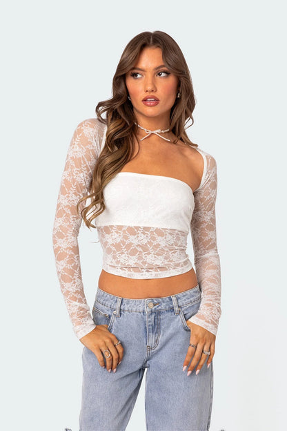 Women’s Sheer Lace Long Sleeve Crop Top with Bandeau Panel