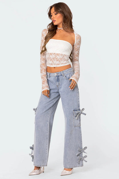 Women’s Sheer Lace Long Sleeve Crop Top with Bandeau Panel