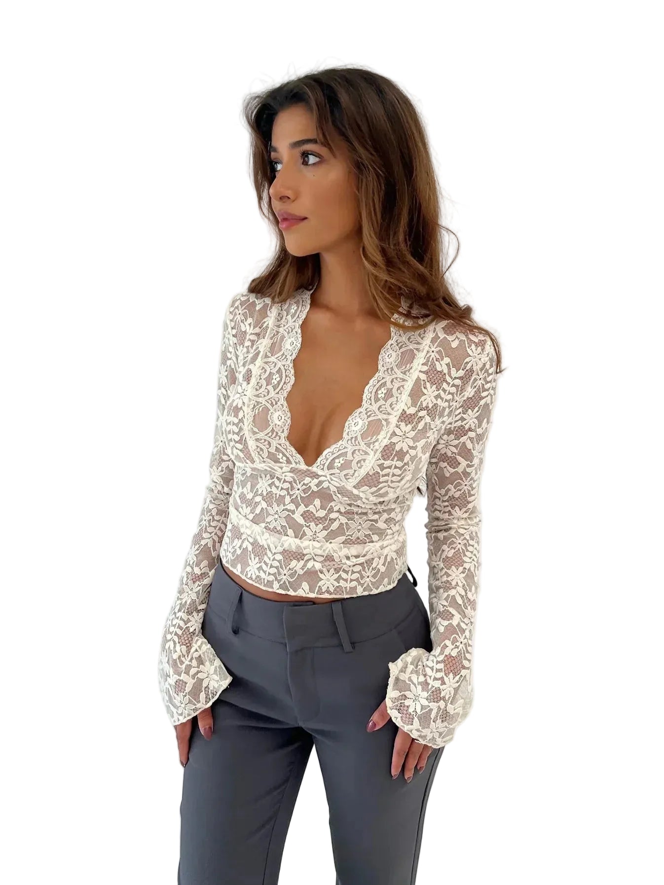 Women’s Sheer Lace Long Sleeve Top with Deep V-Neck and Flared Cuffs