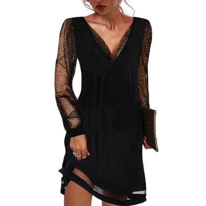Women’s Sheer Sleeve Mini Dress with V-Neck and Asymmetric Hem