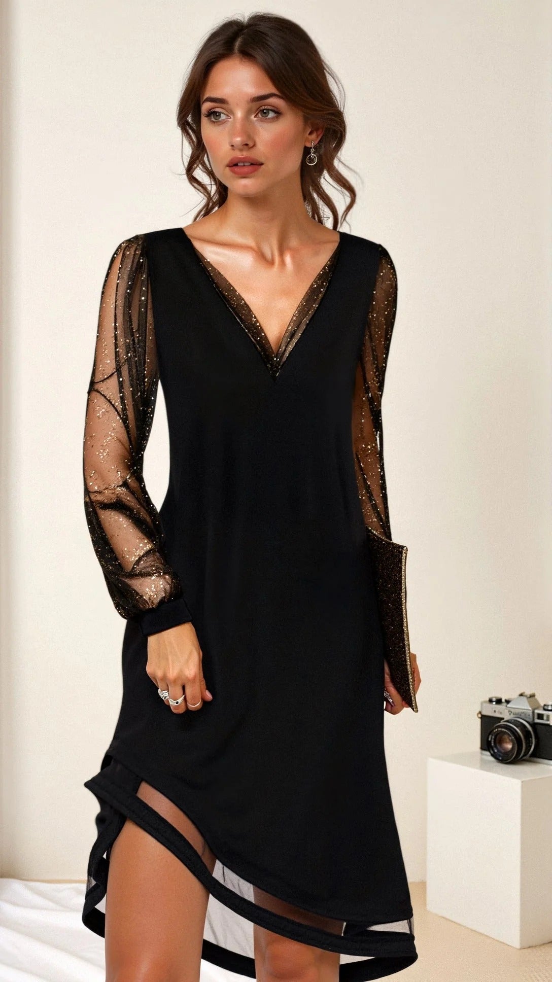 Women’s Sheer Sleeve Mini Dress with V-Neck and Asymmetric Hem