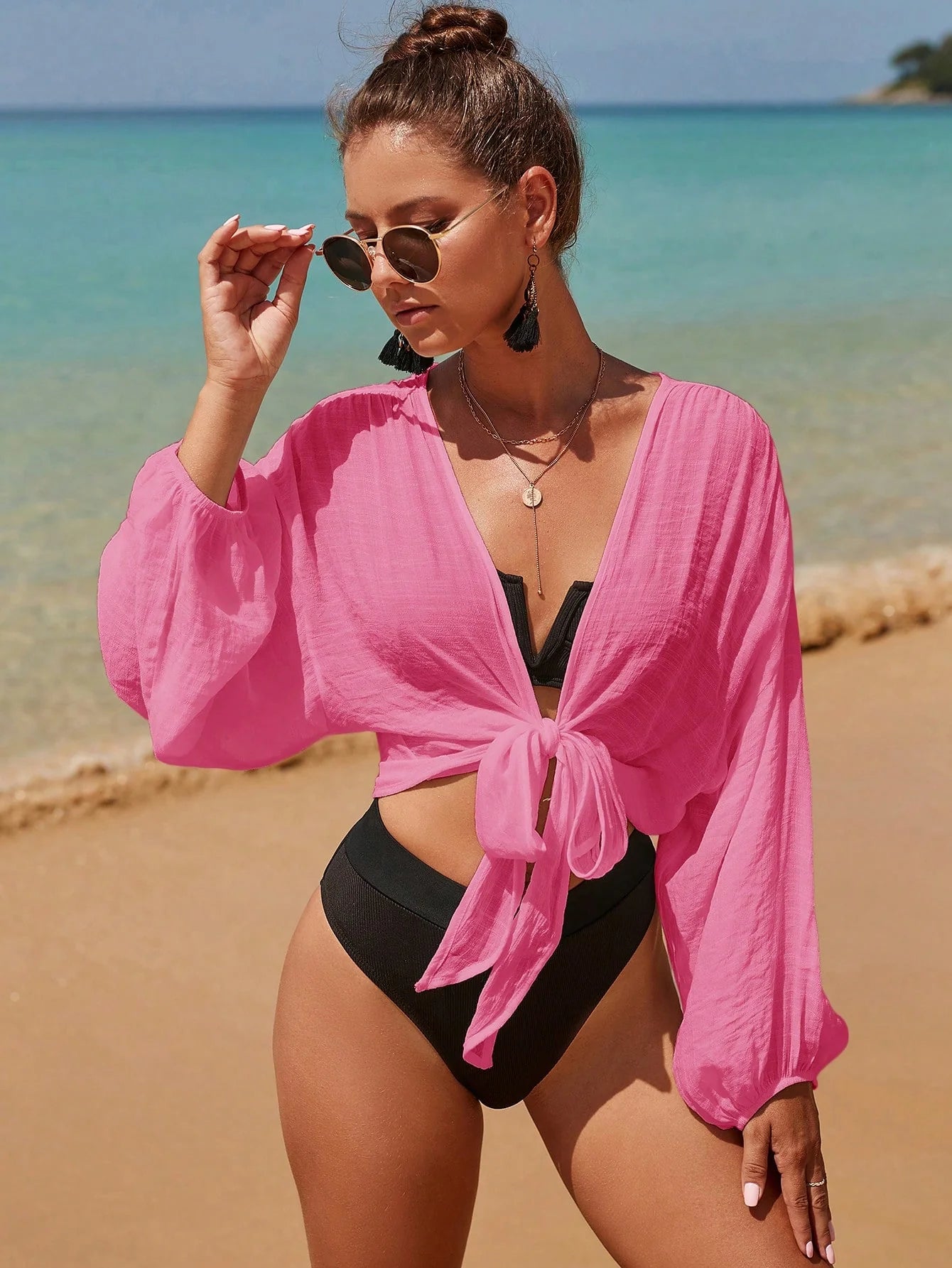 Women’s Sheer Blouse with V-Neckline and Adjustable Tie Front
