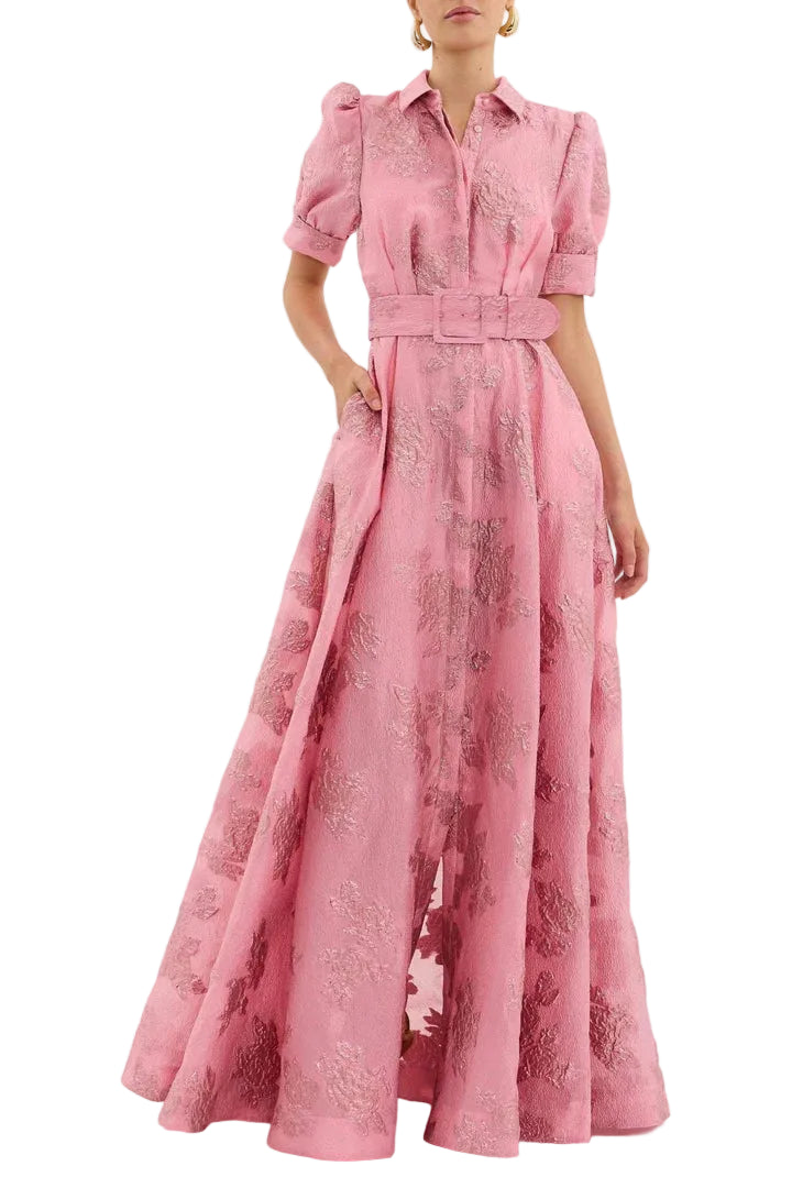 Women’s Short Sleeve Belted Maxi Dress with Floral Pattern