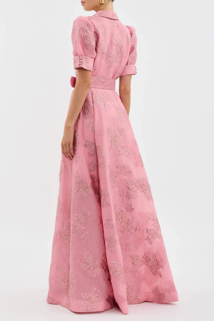 Women’s Short Sleeve Belted Maxi Dress with Floral Pattern