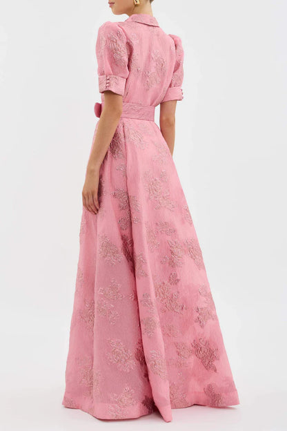 Women’s Short Sleeve Belted Maxi Dress with Floral Pattern