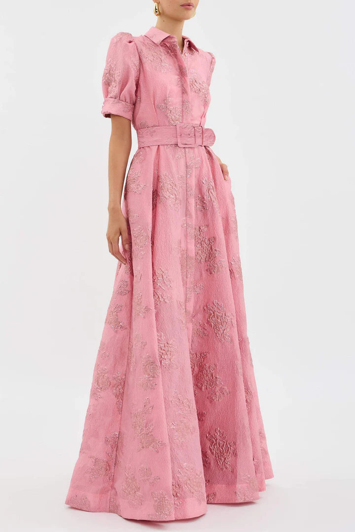 Women’s Short Sleeve Belted Maxi Dress with Floral Pattern