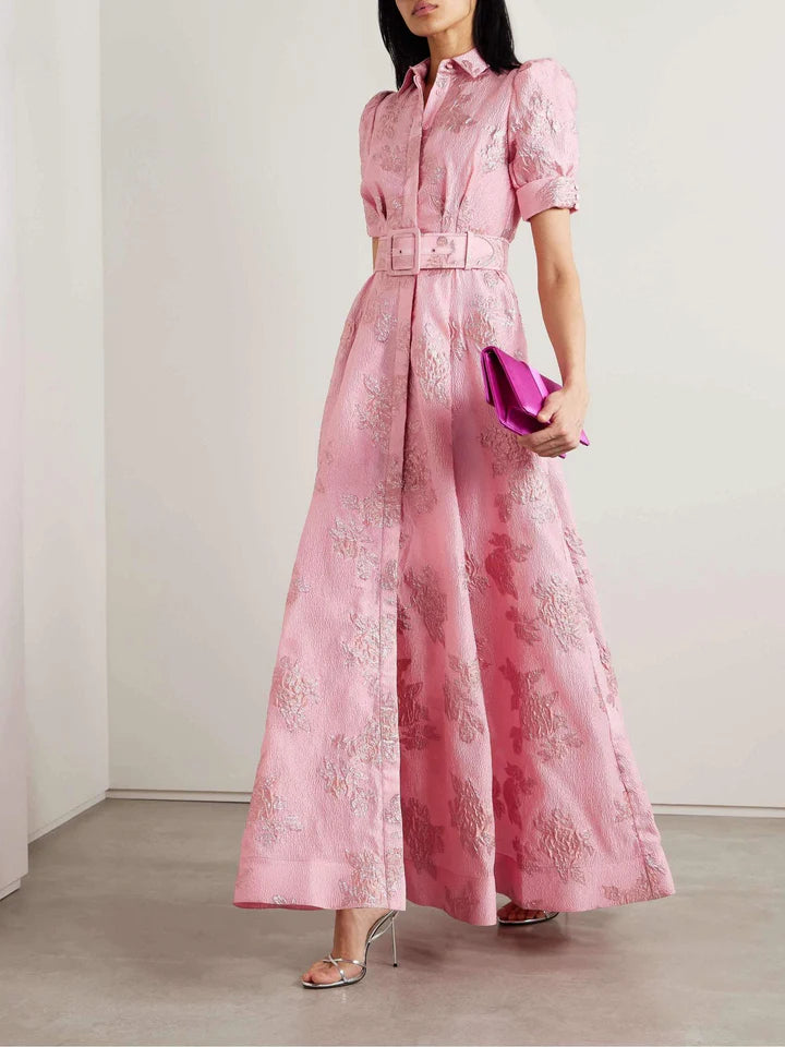Women’s Short Sleeve Belted Maxi Dress with Floral Pattern