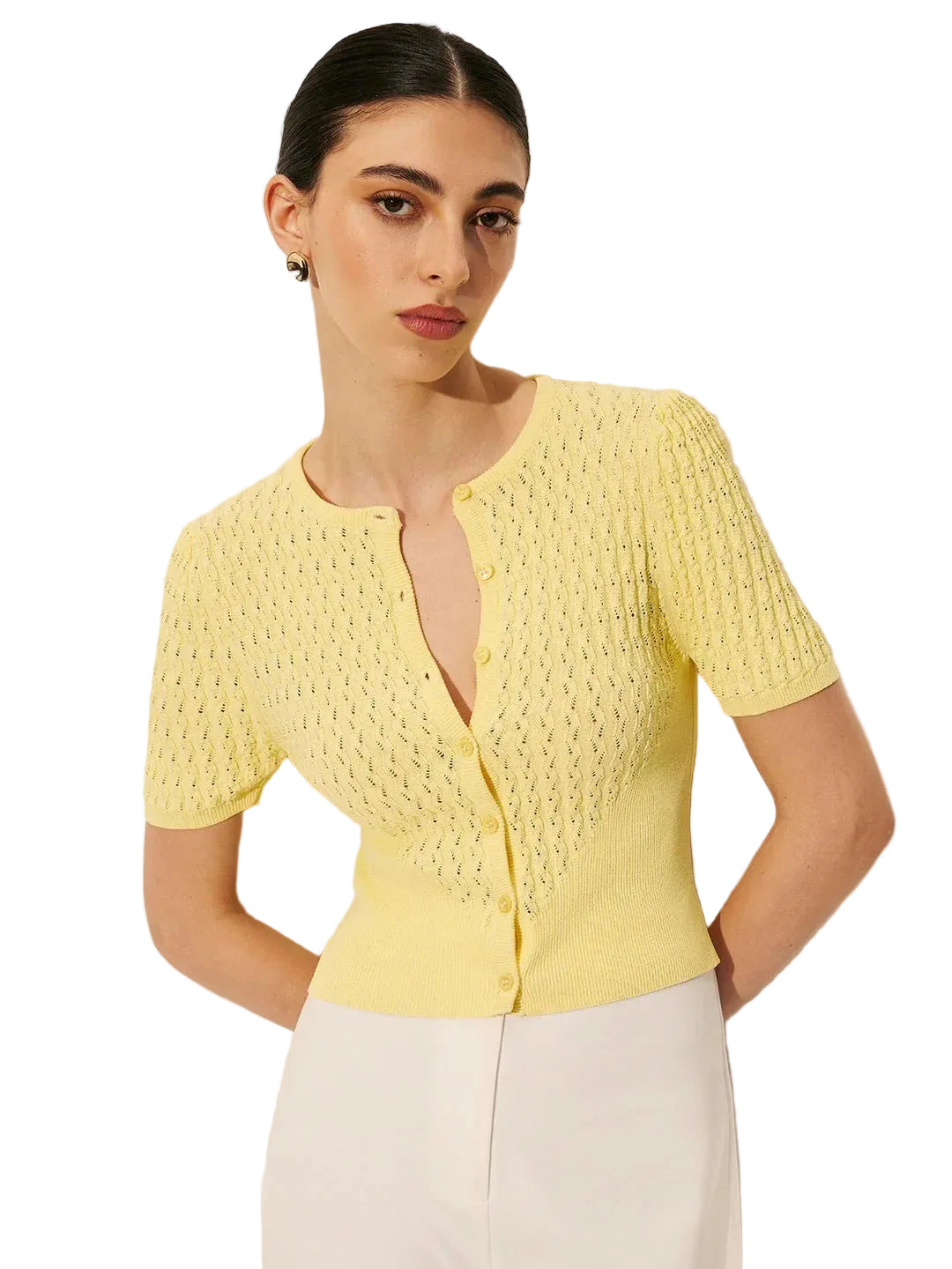 Women’s Short Sleeve Blouse with Round Neck and Ribbed Knit