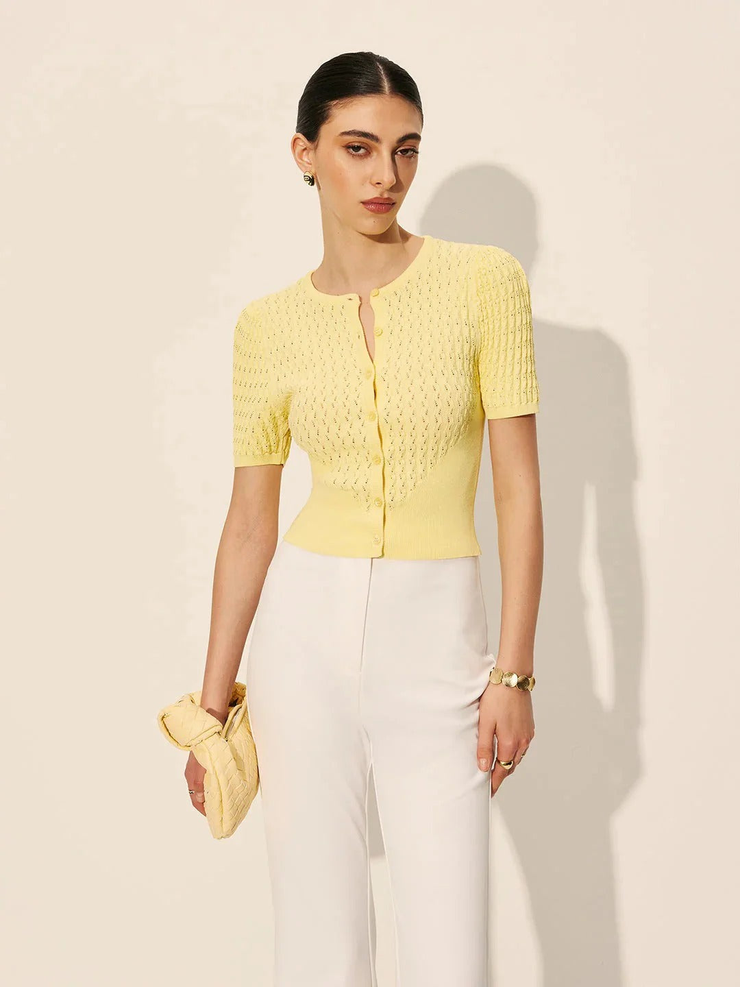 Women’s Short Sleeve Blouse with Round Neck and Ribbed Knit