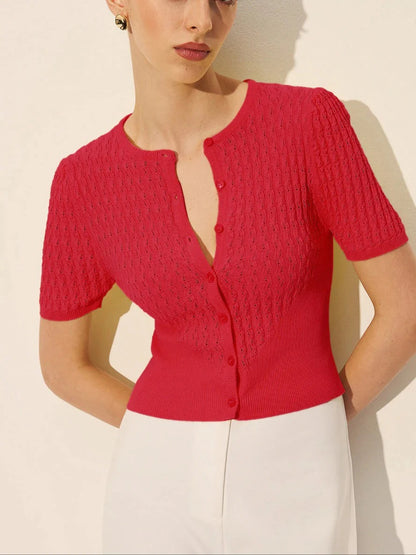 Women’s Short Sleeve Blouse with Round Neck and Ribbed Knit