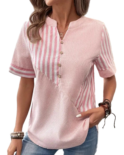 Women’s Short Sleeve Blouse with Split Neck and Stripe Patchwork Design