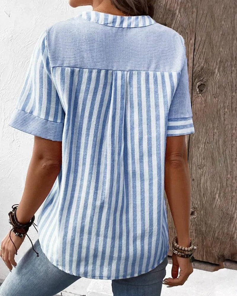 Women’s Short Sleeve Blouse with Split Neck and Stripe Patchwork Design