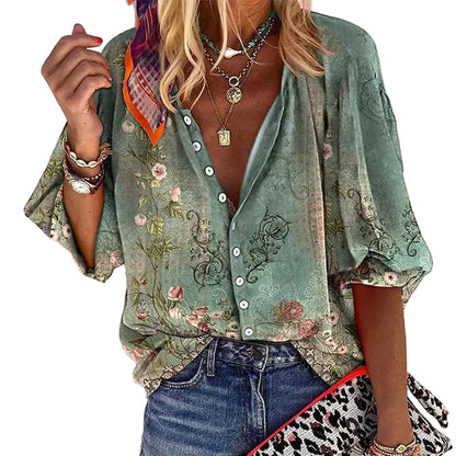 Women’s Short Sleeve Button-Front Blouse with Paisley Floral Print