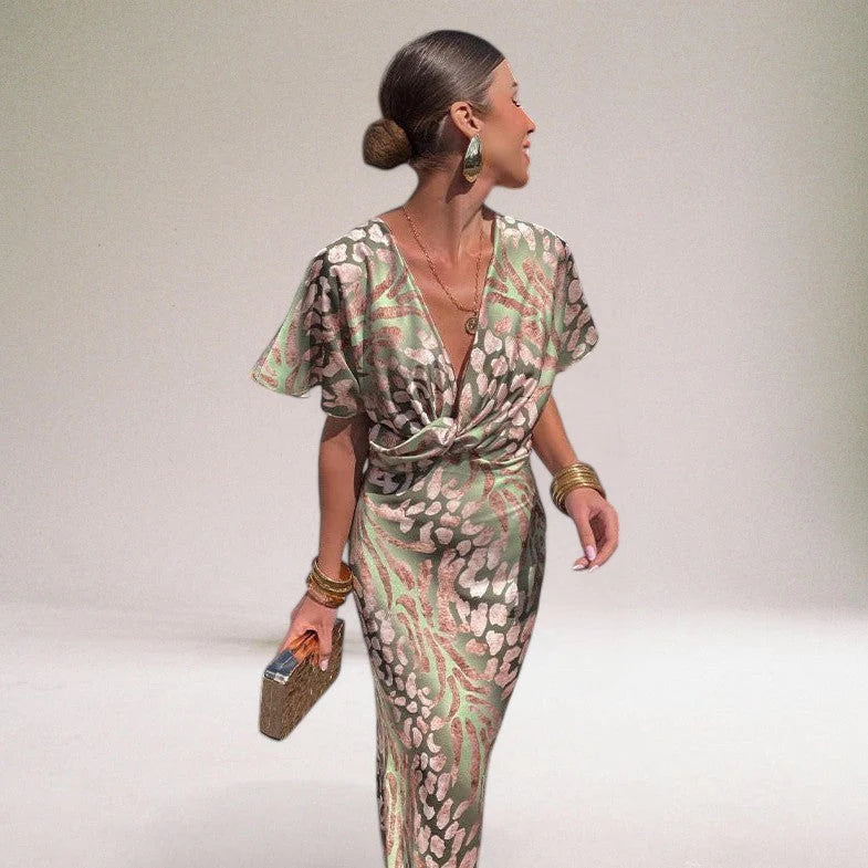Women’s Short Sleeve Maxi Dress with All-Over Print and Draped Front