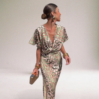 Women’s Short Sleeve Maxi Dress with All-Over Print and Draped Front