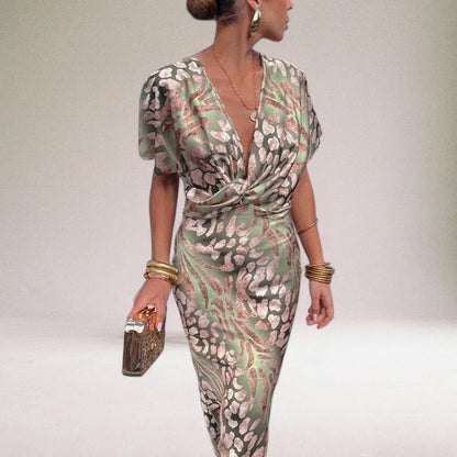 Women’s Short Sleeve Maxi Dress with All-Over Print and Draped Front
