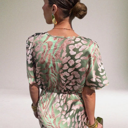 Women’s Short Sleeve Maxi Dress with All-Over Print and Draped Front