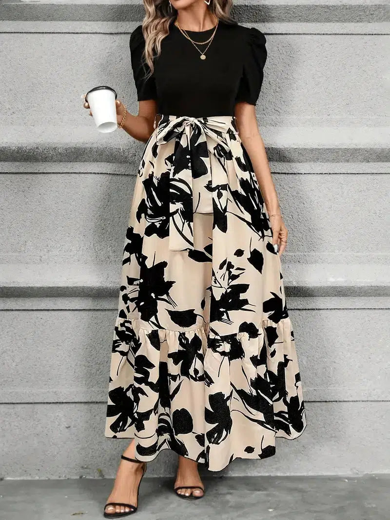 Women’s Short Sleeve Maxi Dress with Printed Skirt and Defined Waist