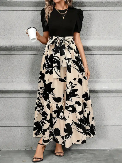 Women’s Short Sleeve Maxi Dress with Printed Skirt and Defined Waist