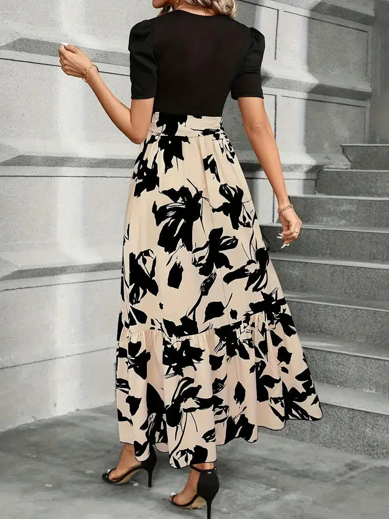 Women’s Short Sleeve Maxi Dress with Printed Skirt and Defined Waist