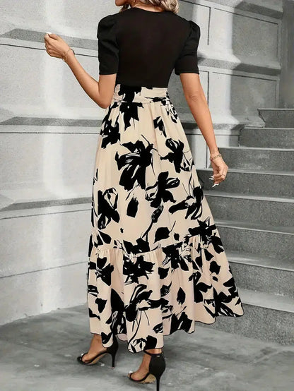Women’s Short Sleeve Maxi Dress with Printed Skirt and Defined Waist