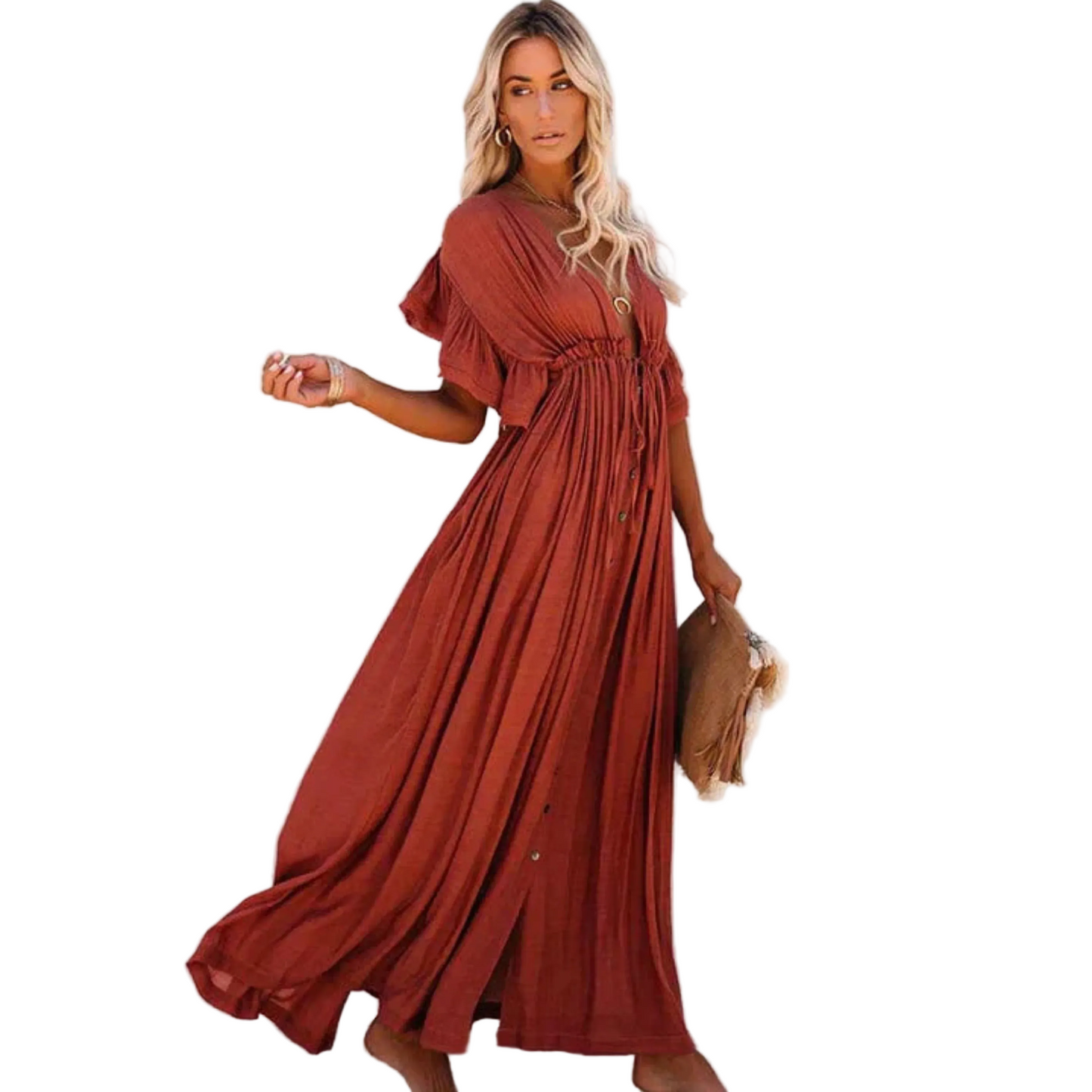 Women’s Short Sleeve Maxi Dress with V-Neck and Drawstring Waist