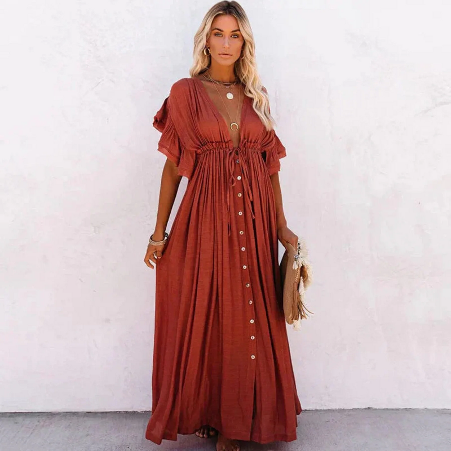 Women’s Short Sleeve Maxi Dress with V-Neck and Drawstring Waist
