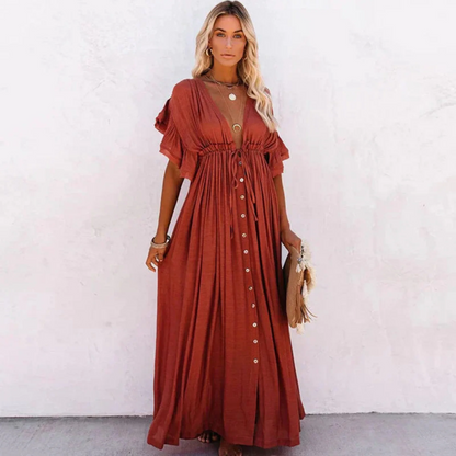 Women’s Short Sleeve Maxi Dress with V-Neck and Drawstring Waist