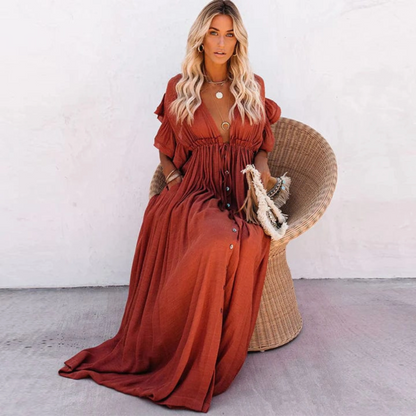 Women’s Short Sleeve Maxi Dress with V-Neck and Drawstring Waist