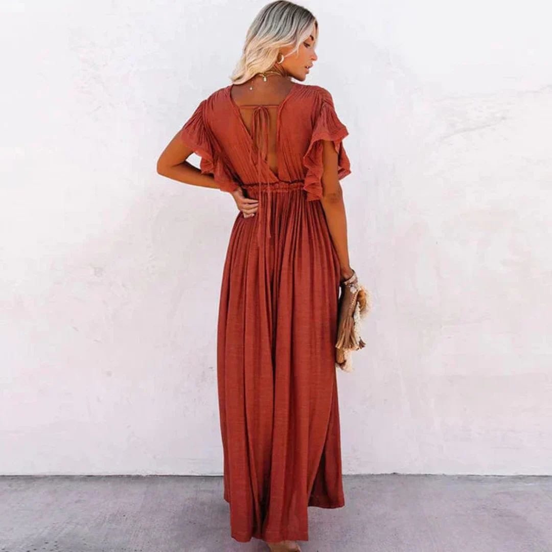Women’s Short Sleeve Maxi Dress with V-Neck and Drawstring Waist